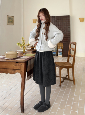 精分 灰色叙事 羊毛深灰立体裁剪松紧腰花苞半身裙