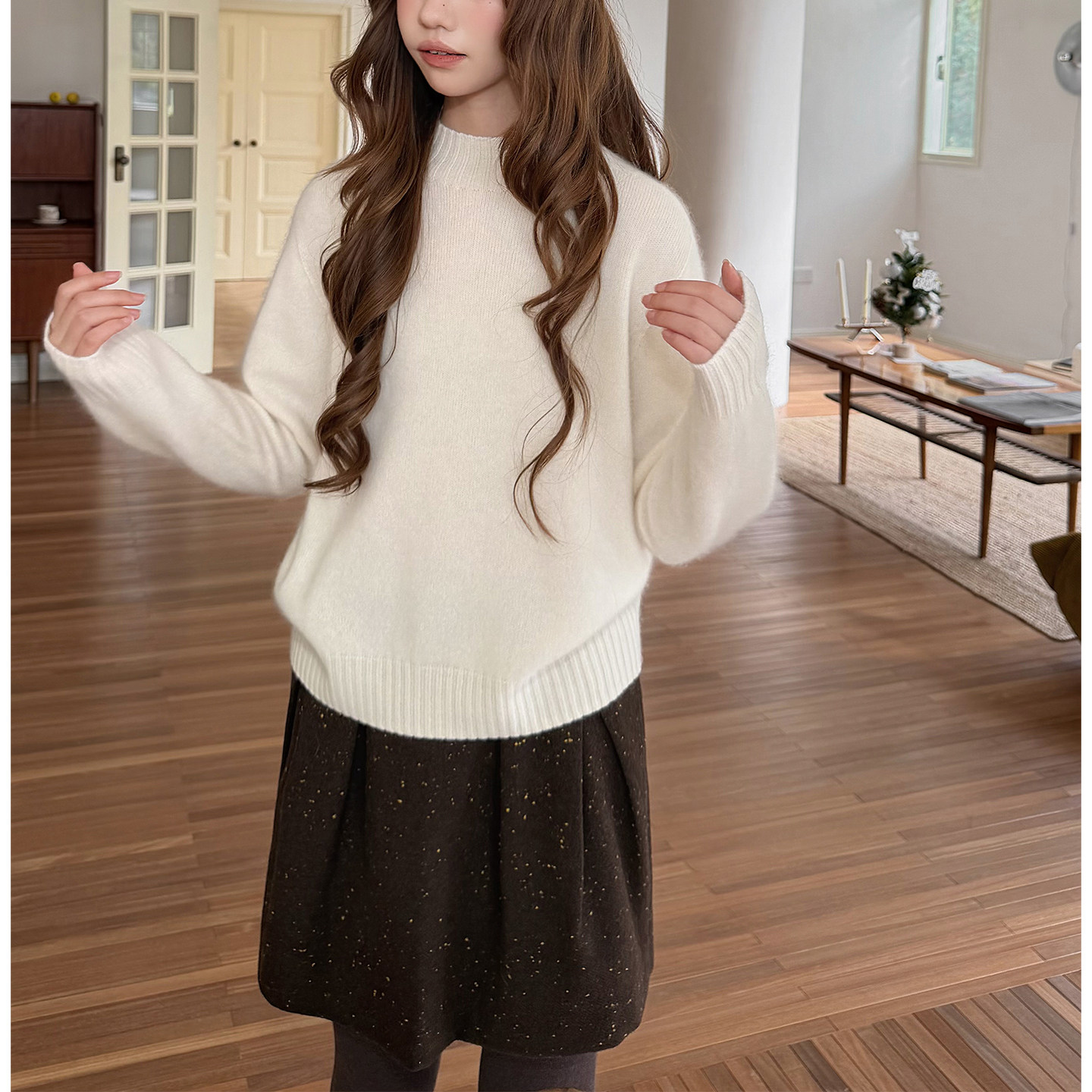 纯色中领100羊绒拉毛针织打底衫