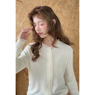 精分 春树下的云缕 圆领拼接蕾丝花边羊毛针织衫开衫甜美内搭打底