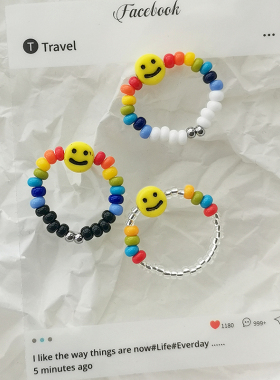 花糖｜笑一下｜捷克琉璃可爱彩虹七彩糖豆彩色笑脸串珠戒指小众