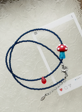花糖｜蓝色米珠可爱波点琉璃红蘑菇项链个性小众饰品
