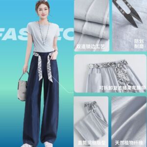 五只白鹅夏季透气高腰显瘦垂感醋酸飘带裤2667天丝凉感休闲阔腿裤