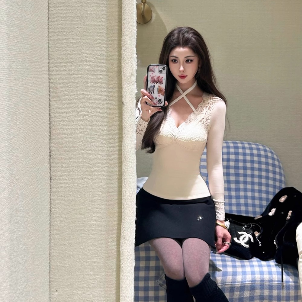 织带雪松蕾丝加绒自带胸垫上衣