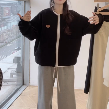 韩版慵懒风潮牌圆领长袖卫衣女2025春季爆款减龄宽松开衫拉链上衣