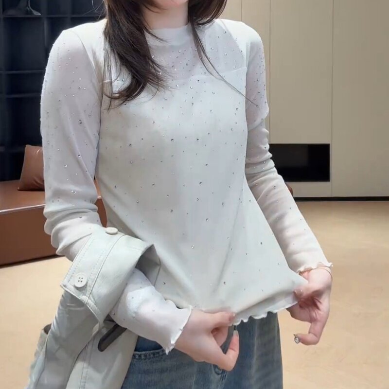 黑色蕾丝雪纺衫女春秋新款烫钻修身显瘦长袖打底衫高级感内搭上衣