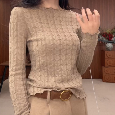 【绞花纹】花边长袖针织打底衫女秋冬2025新款设计感小众修身上衣