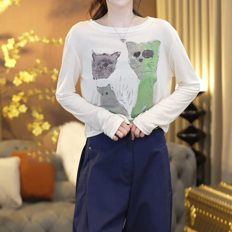 卡通猫咪印花长袖T恤女白色百搭休闲正肩内搭显瘦遮肉气质上衣女,女装/女士精品,T恤,淘宝优惠券,粉丝福利购,淘宝优惠卷