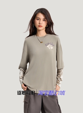 阿迪达斯三叶草女子新款二合一花卉印花宽松休闲长袖T恤KR5039