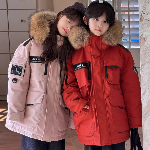 韩国红色儿童工装羽绒服中大童加厚90绒男女童防风大毛领冲锋衣潮