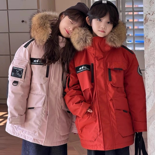 韩国红色儿童工装羽绒服中大童加厚90绒男女童防风大毛领冲锋衣潮