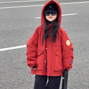 儿童防风冲锋衣羽绒服新款 白鸭绒 女童中大童加厚连帽90白鸭绒工装