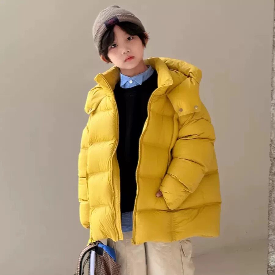韩国童装新款羽绒服冬季保暖男女童中大童加厚连帽白鸭绒泡芙外套