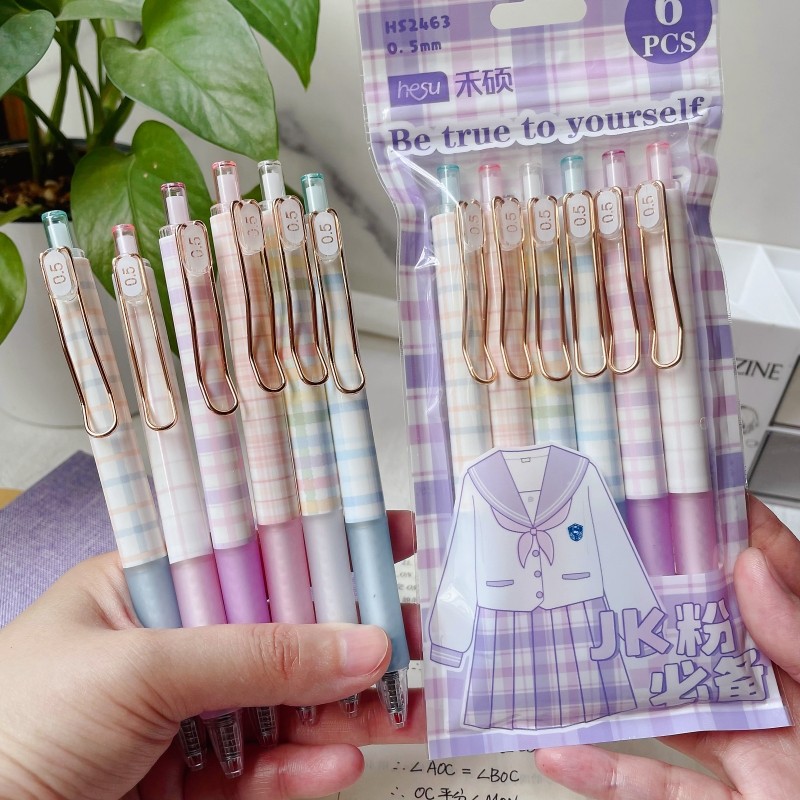 禾硕jk格子按动中性笔小清新少女签字笔0.5mm按动笔好看的笔
