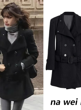 ranran同款黑色修身毛呢外套中长款呢子大衣女2025秋冬气质千金风