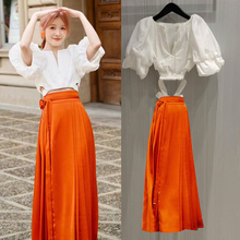 徐娇同款汉服泡泡袖系带v领衬衫女衬衣露腰短款上衣半身裙马面裙