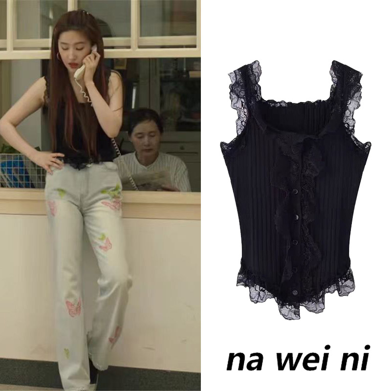 蕾丝花边针织上衣黑色吊带背心女