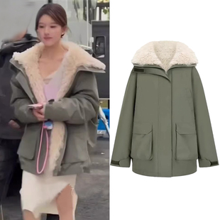 羊羔毛工装 2025新款 冲锋衣棉服外套 军绿色派克服女冬季 赵露思同款