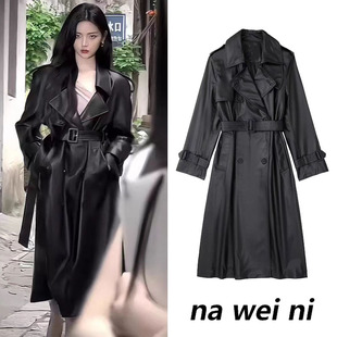 杨超越同款黑色系带中长款风衣女秋冬美式宽松高级感皮衣外套大衣