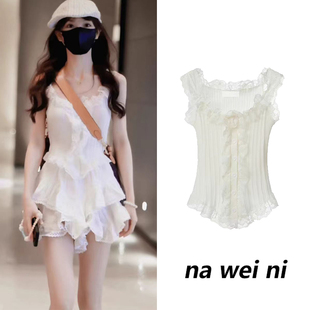 田曦薇同款 无袖 上衣短裤 U领蕾丝花边白色吊带背心女夏高级感短款