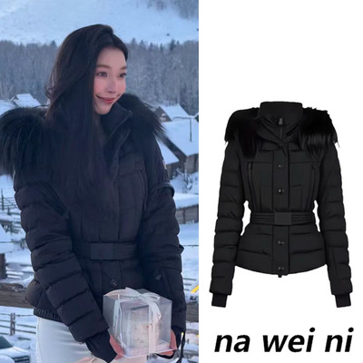 白鸭绒羽绒服女黑色连帽气质外套