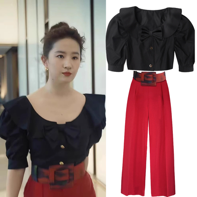 黑色设计感荷叶边蝴蝶结短袖衬衫