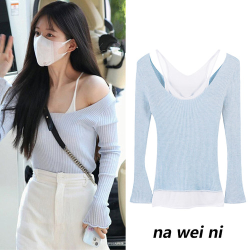 赵露思同款露肩假两件毛衣针织衫