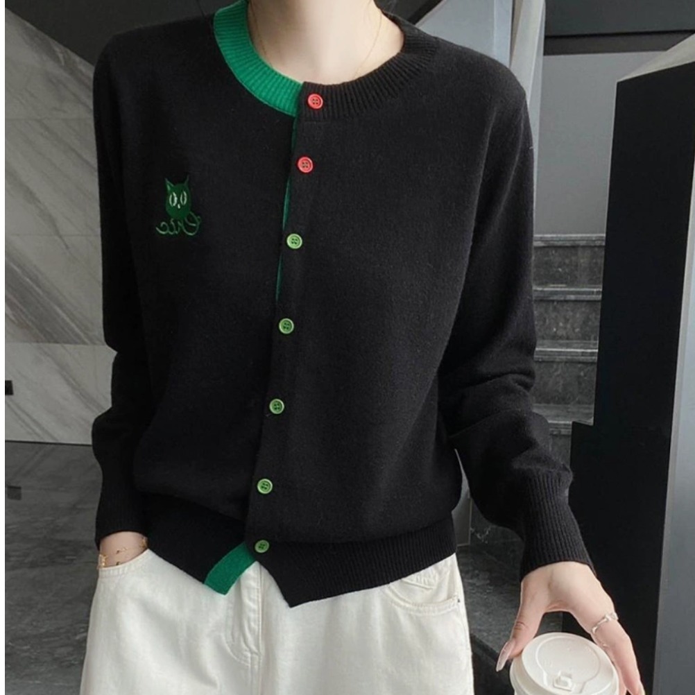 绣花彩色单排扣拼色针织衫开衫