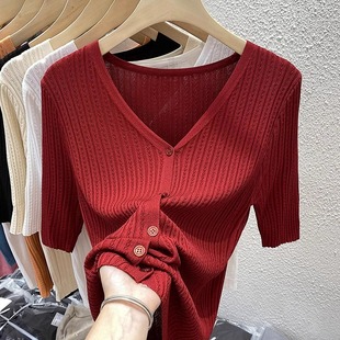 显瘦半袖 冰丝v领针织开衫 修身 体恤红色正肩短袖 女春夏薄款 T恤上衣
