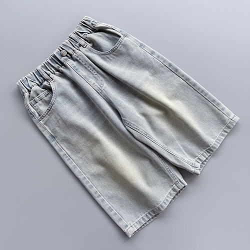 140-175 不可* 男童牛仔中裤夏季儿童水洗做旧休闲中裤宽松青少年