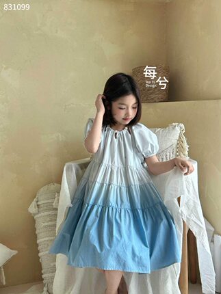 2026新款女童连衣裙夏装韩版120-160渐变色泡泡袖中童尺码偏大