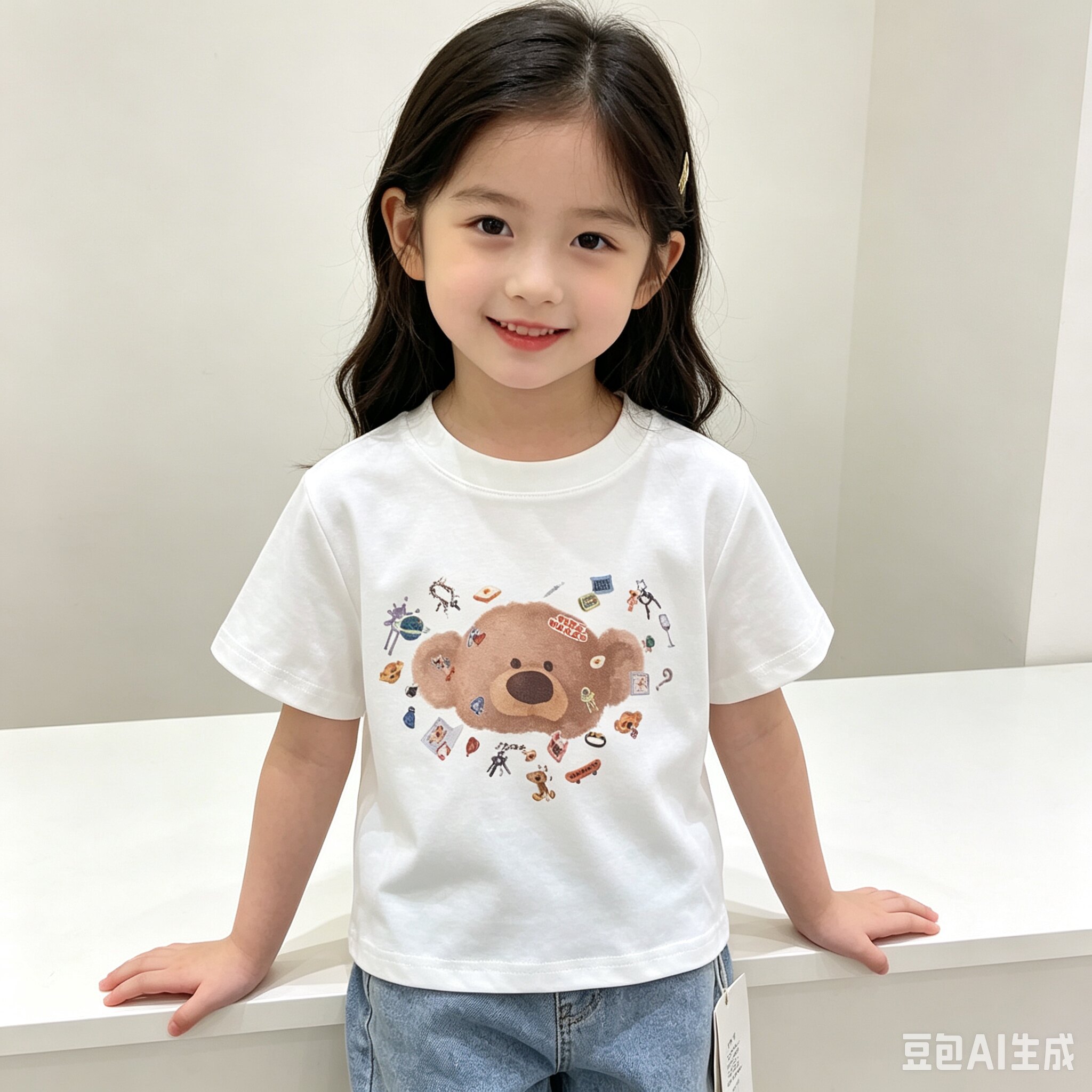 2026新款女童短袖T恤夏季韩版120-160卡通小熊印花中童尺码