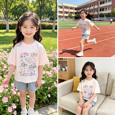 2026新款女童短袖T恤夏季韩版110-160卡通印花中童尺码