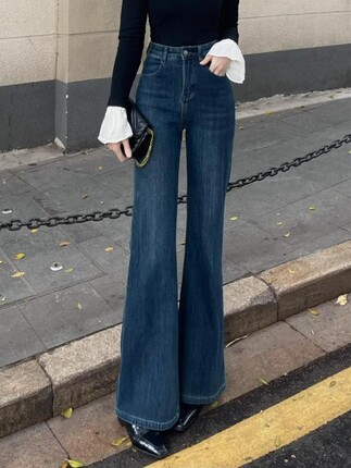 秋冬新款气质复古高腰显瘦小众直筒牛仔裤女御姐风拖地微喇长裤潮