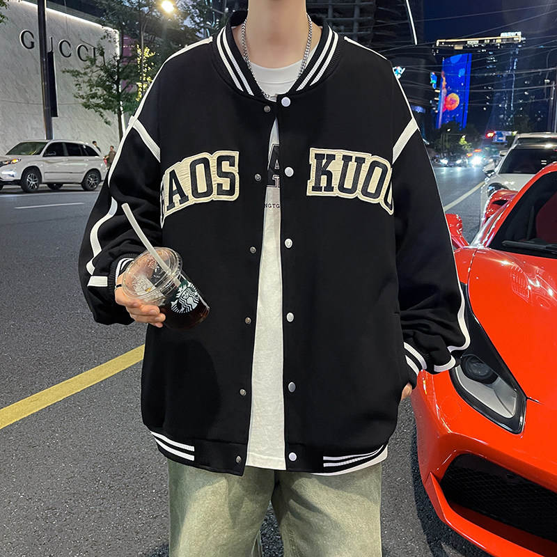 字母贴布绣花棒球服男春秋款潮牌宽松休闲开衫外套春季青少年夹克