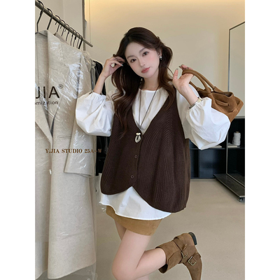 Y.JIA伊嘉十三行韩版宽松显瘦衬衫+V领针织马甲背心套装女秋801-5