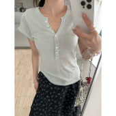 针织上衣女96369 简约v领排扣设计感显瘦短袖 唯一家十三行夏季