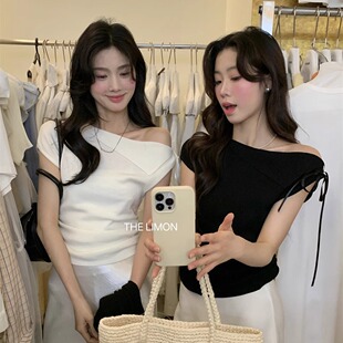 THE LIMON柠檬绿茶法式露肩丝带小飞袖针织衫女春夏褶皱显瘦上衣