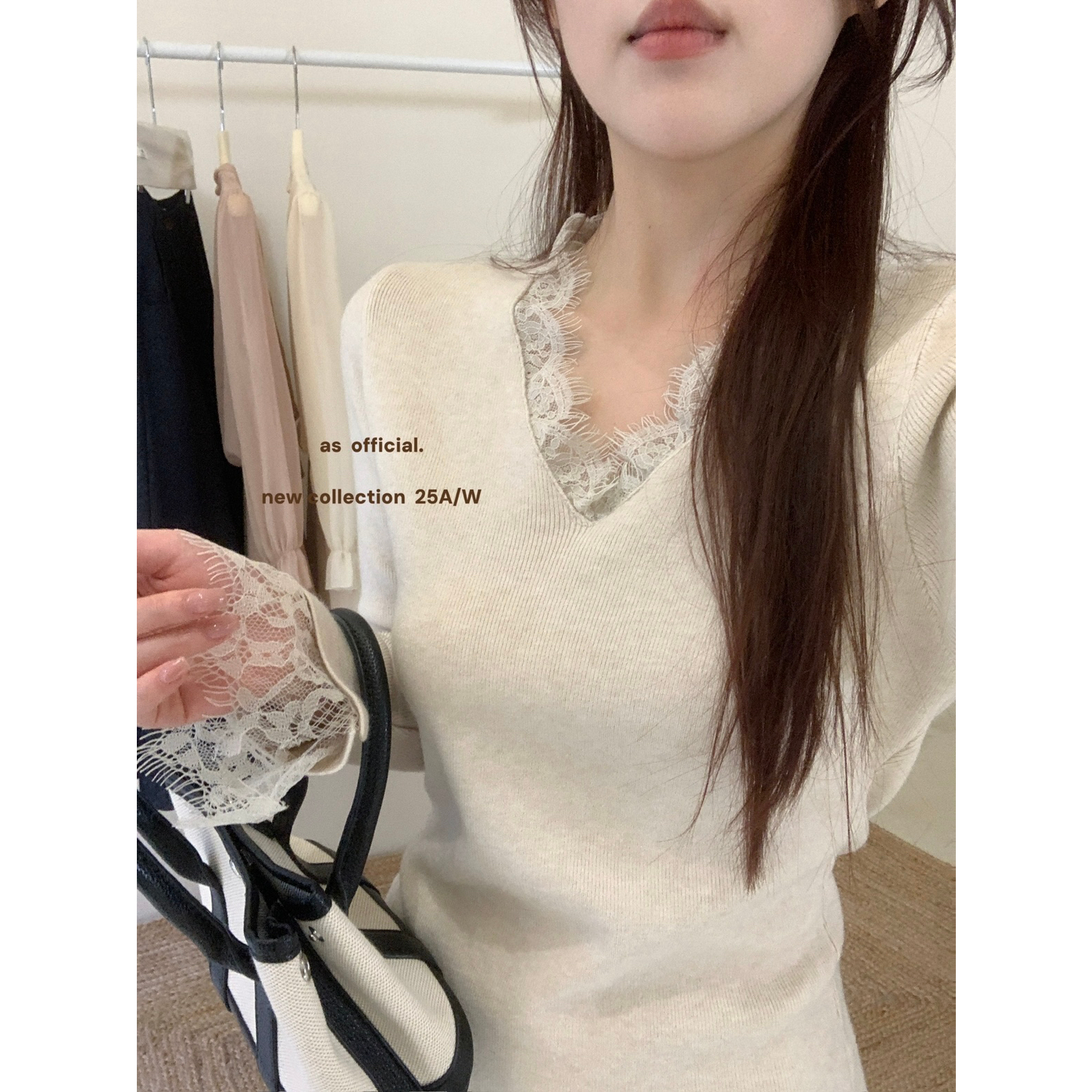 AS OFFICIAL十三行秋冬气质显瘦v领蕾丝拼接小衫针织上衣女15215