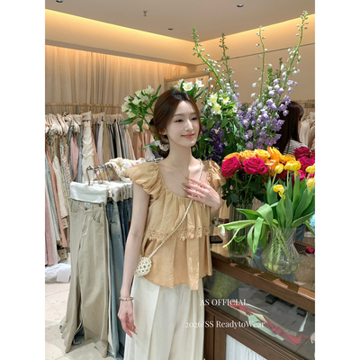 AS OFFICIAL十三行夏季温柔甜妹娃娃衫蕾丝花边泡泡袖小衫女26581