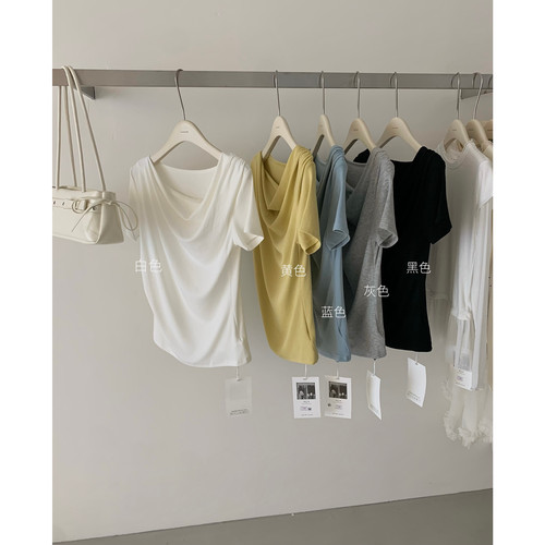 十三行夏季新款不规则斜肩荡领两穿捏褶上衣修身显瘦短袖T恤7105