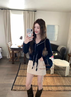 AS OFFICIAL-十三行秋季设计感绑带海军领撞色针织衫上衣女13629