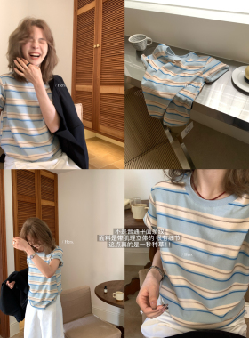 Hers十三行26早春简约日常休闲立体肌理感撞色条纹短袖T恤女80187