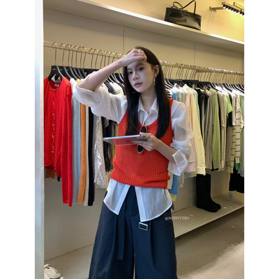 MZI STUDIO基础款坑条U领修身舒适莱赛尔套头针织背心女春119381