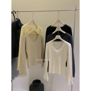 YJIA伊嘉十三行秋季温柔气质蕾丝拼接百搭打底针织衫上衣女867-5