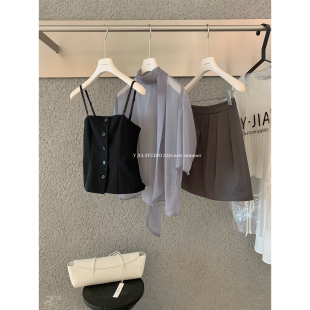 半身裙套装 Y.JIA十三行夏季 高级黑抹胸马甲 衬衫 女7756 网纱短袖