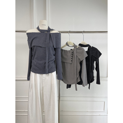 LEMMY-十三行秋上新一字肩气质时尚显瘦条纹长袖T恤女配系带6216