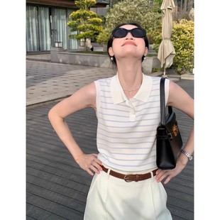 针织衫 十三行夏季 条纹POLO领休闲无袖 2025新款 背心上衣女9022 经典
