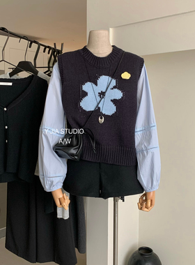 YJIA伊嘉十三行高级感刺绣针织马甲珍珠扣泡泡袖衬衫套装57365