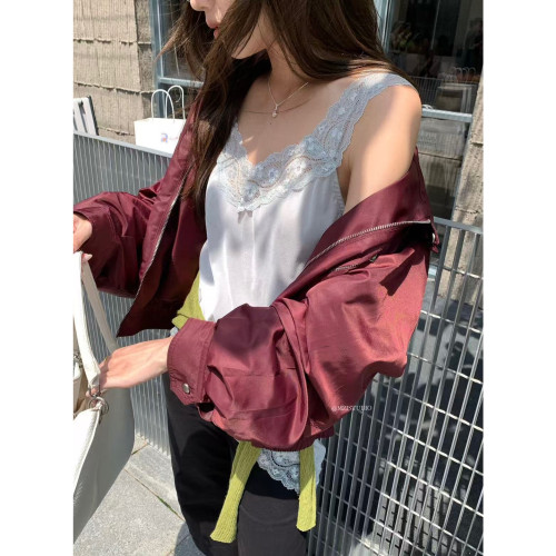 MZI STUDIO韩调秋日蕾丝花边v领不规则下摆轻熟性感背心女A10379