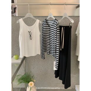 松紧腰半身裙套装 背心 女6669 伊嘉十三行春夏条纹针织开衫 Y.JIA